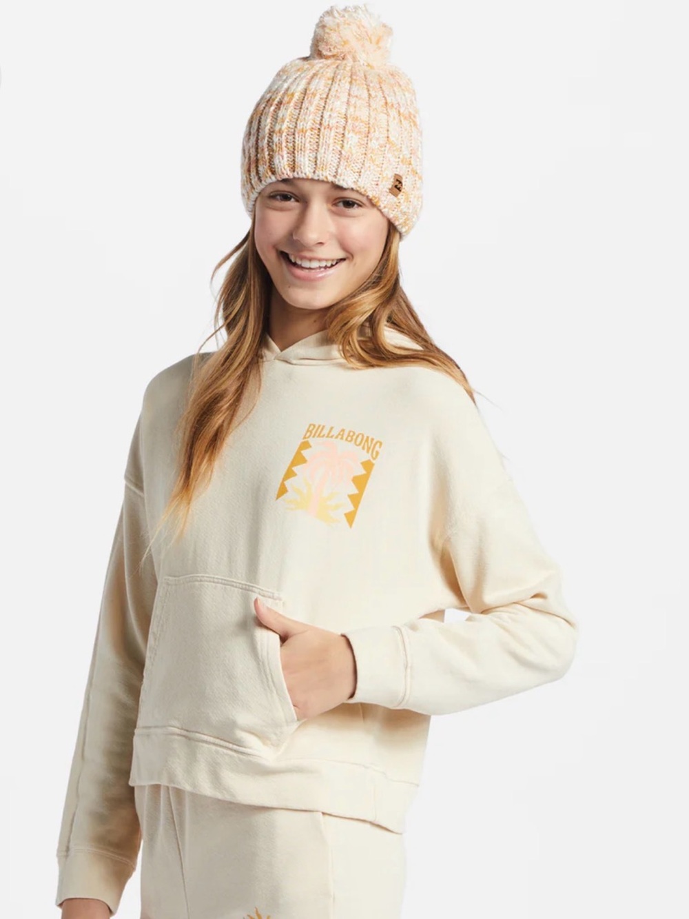 NWT Billabong Girls Sun Jive Pullover Hoodie Salt Crystal Cream Palm Tree Size M